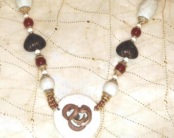 Consuelo Bozart Italian Designer Statement Necklace with spectacular Bronze multi-level sculpture, Carnelian, Gold, Polymer Clay, Vintage