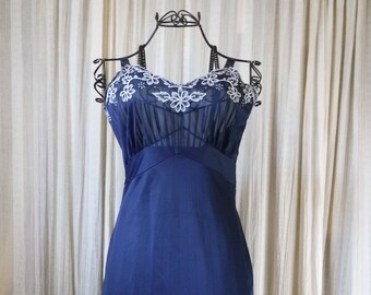1956 Lingerie Dress Slip Navy Micheline Lavishly Embroidered Flowers Leaves and Vines Perfect Condition
