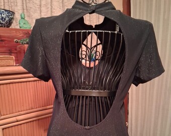 Sexy backless floor length bodycon Prom Dress/Evening Gown, black w/gold flecks, Keyhole neckline, back slit, Hand made, One of a kind!