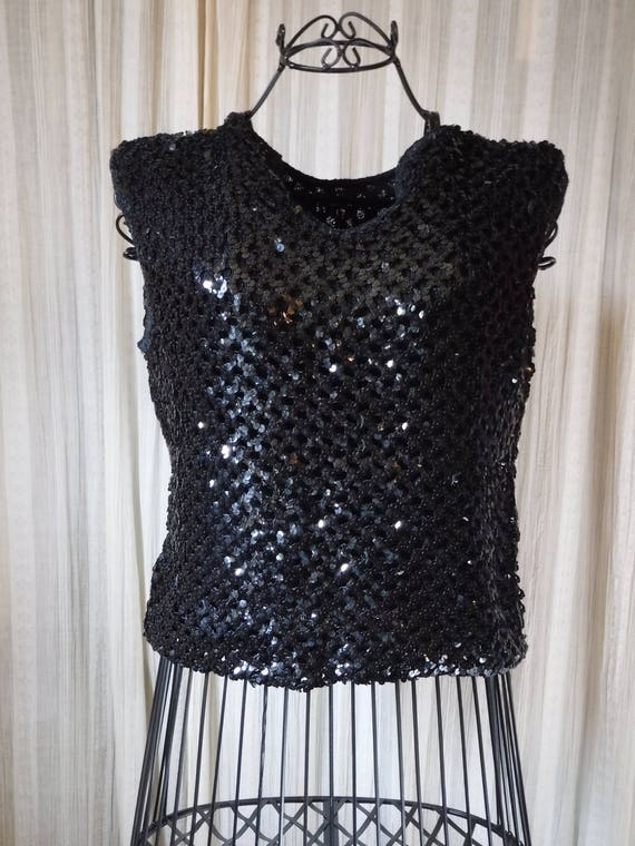 Vintage 1950's Black Sequin Knit Party Top Sleeve… - image 1