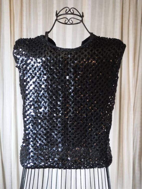 Vintage 1950's Black Sequin Knit Party Top Sleeve… - image 3
