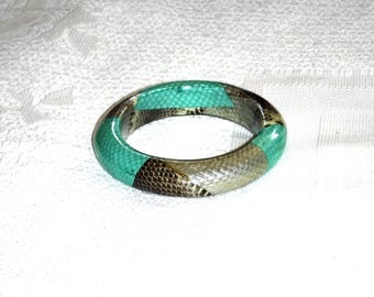 Vintage Lizard Skin and Lucite Patchwork Bangle Bracelet, Turquoise and Silver