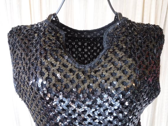 Vintage 1950's Black Sequin Knit Party Top Sleeve… - image 2