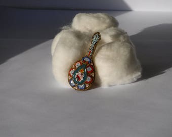 Micromosaic Antique Floral Mandolin Brooch 1860's Fabbrica Angelo Pessarisi Florence