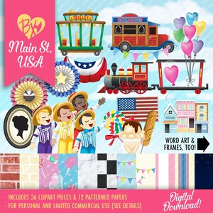 Op de afbeelding: Een digitale clipartset met illustraties van een trolley, een hotdogstand, een trein, een hotdog, ijs, ballonnen en gebouwen. De set bevat ook 12 patroonpapieren met ontwerpen zoals baksteen, snoep en marmer.