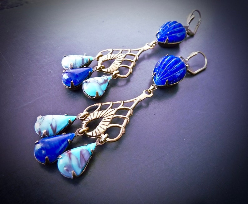 appr\u00eats bronze Cristaux Boh\u00e8me Lapis-Lazuli et Turquoise marbr\u00e9e Mood Indigo Boucles d/'oreilles Art-D\u00e9co