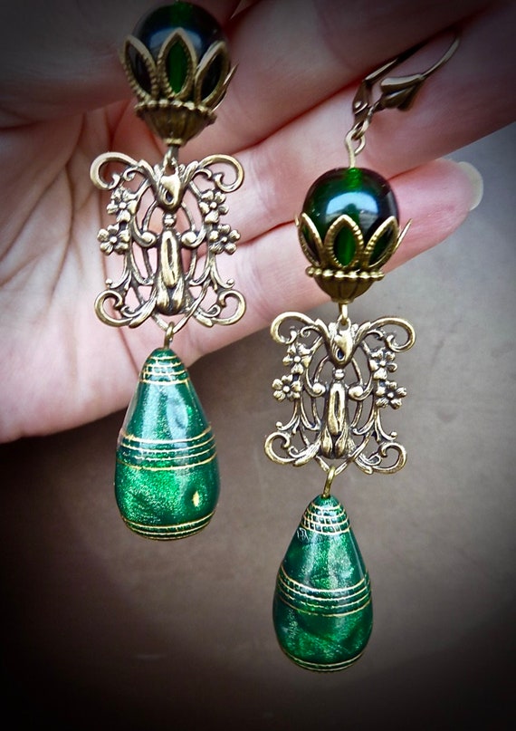 Boucles d'Oreilles Argenté Art Deco Baroque Goutte Cristal Gris Vert Vintage 