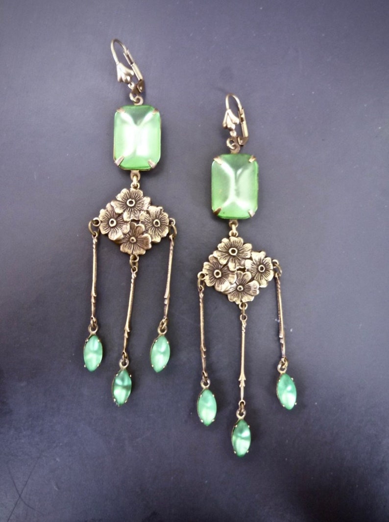 rare Czech crystals Earrings Art Nouveau Frosted Peridot antique bronze floral findings