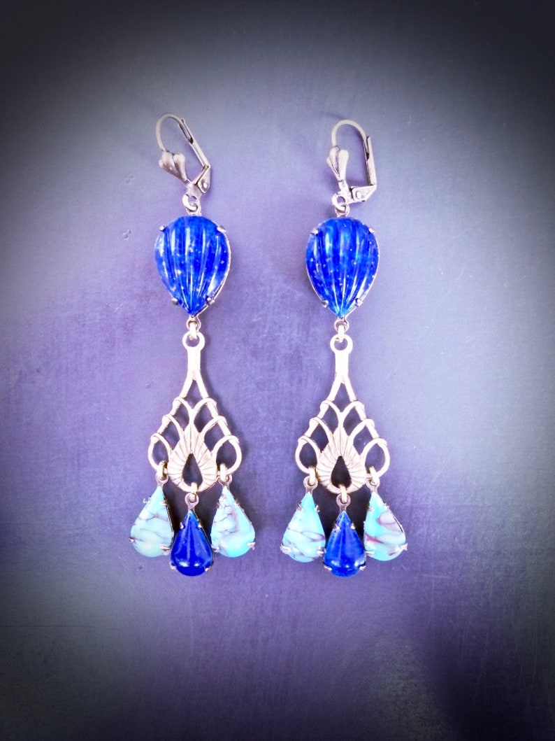 appr\u00eats bronze Cristaux Boh\u00e8me Lapis-Lazuli et Turquoise marbr\u00e9e Mood Indigo Boucles d/'oreilles Art-D\u00e9co