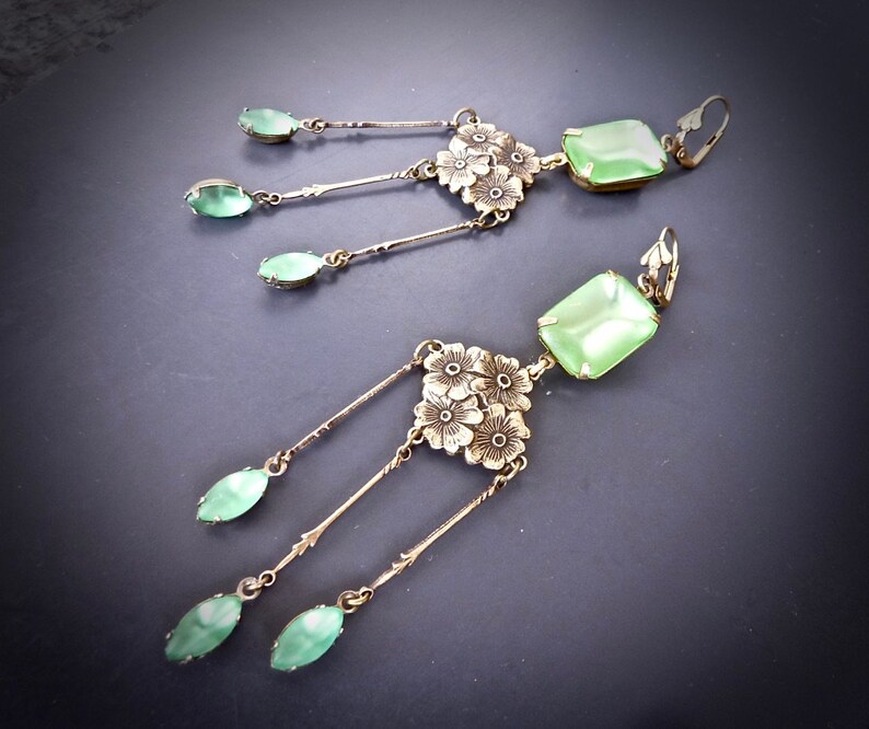 rare Czech crystals Earrings Art Nouveau Frosted Peridot antique bronze floral findings