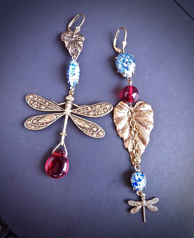blue Opal red Czech glass beads Long earrings asymmetric Boho Art Nouveau Dragonflies and leaves