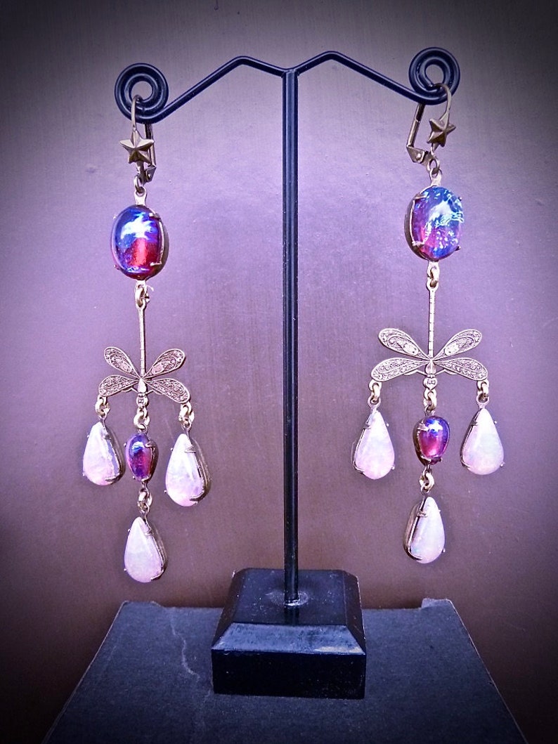 Art Nouveau earrings fire opal Dragonfly roses fuchsia and pale pink Antique brass bronze and duo with pink Opal