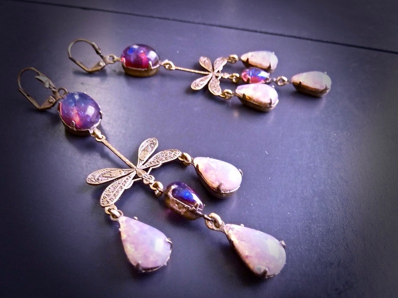 Art Nouveau earrings fire opal Dragonfly roses fuchsia and pale pink Antique brass bronze and duo with pink Opal