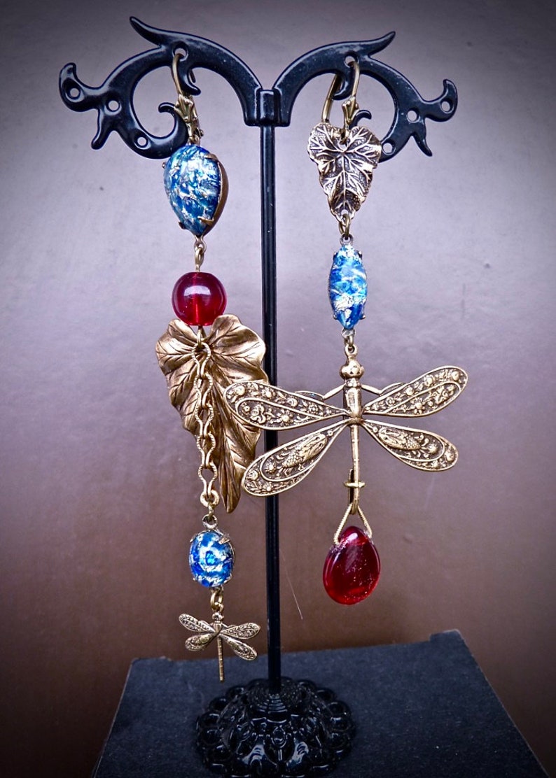 blue Opal red Czech glass beads Long earrings asymmetric Boho Art Nouveau Dragonflies and leaves