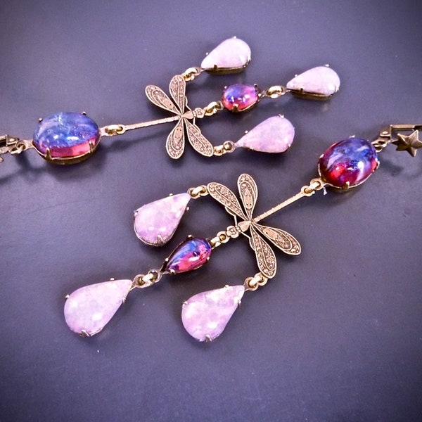 Art Nouveau earrings "Libellules with pink fire opals". Ancient bronze patinated brass and pink opal duo, fuchsia and pale pink