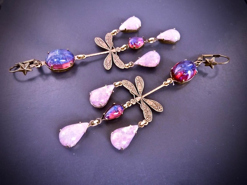 Art Nouveau earrings fire opal Dragonfly roses fuchsia and pale pink Antique brass bronze and duo with pink Opal