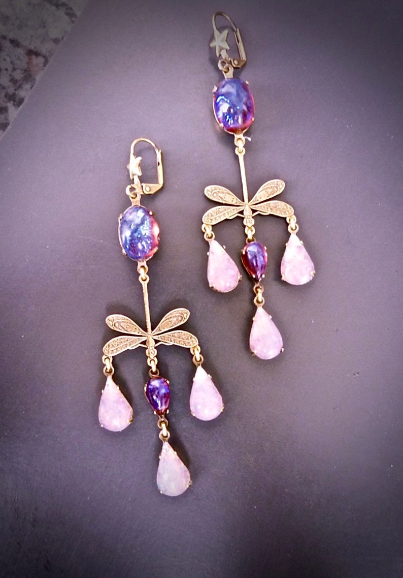 Art Nouveau earrings fire opal Dragonfly roses fuchsia and pale pink Antique brass bronze and duo with pink Opal