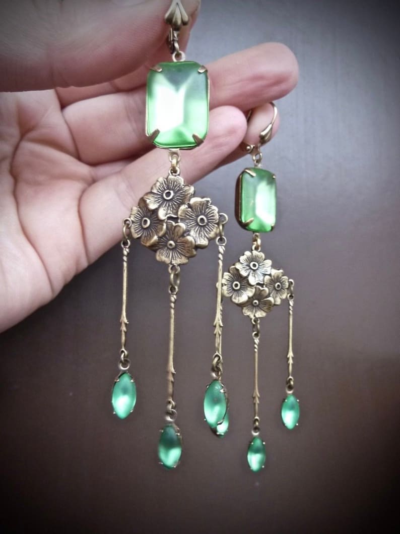 rare Czech crystals Earrings Art Nouveau Frosted Peridot antique bronze floral findings