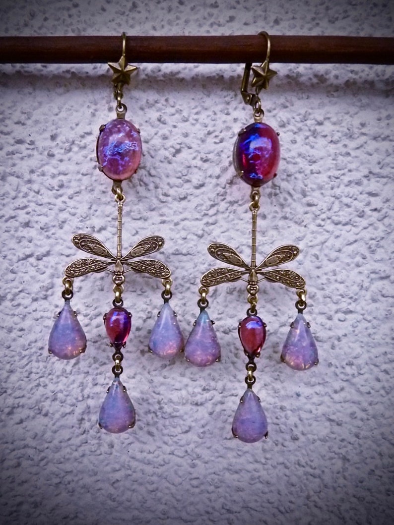 Art Nouveau earrings fire opal Dragonfly roses fuchsia and pale pink Antique brass bronze and duo with pink Opal