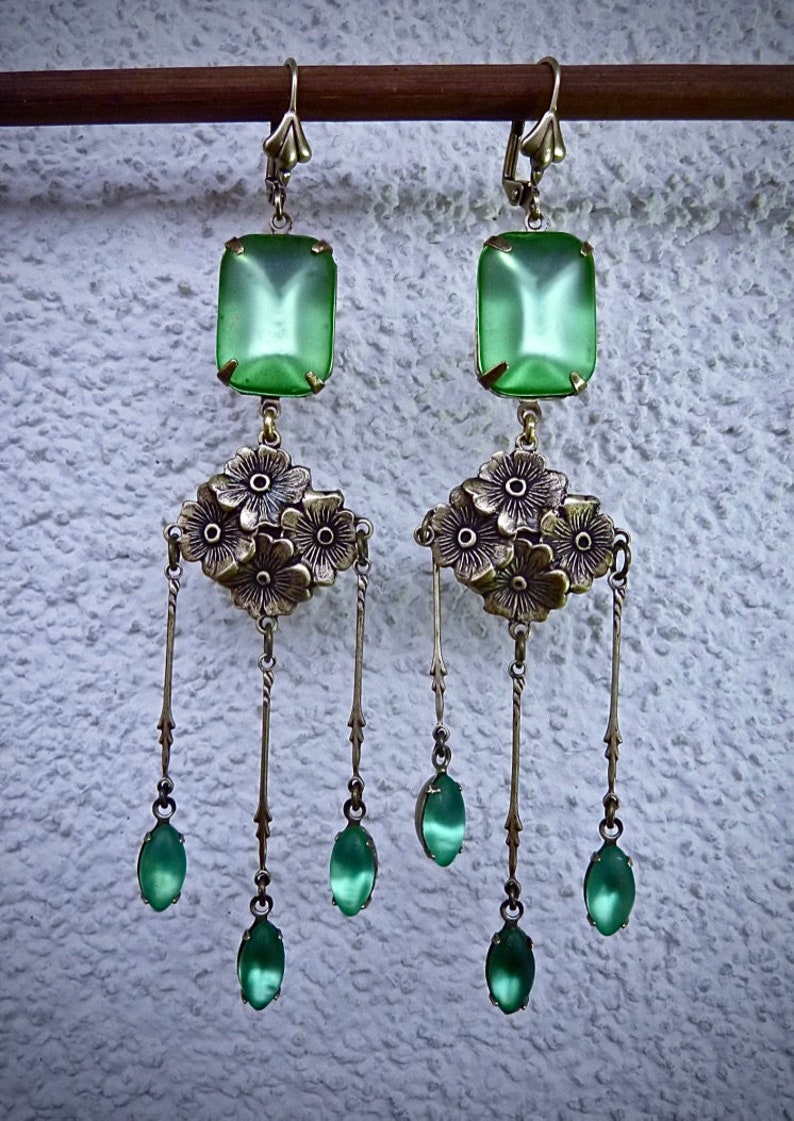rare Czech crystals Earrings Art Nouveau Frosted Peridot antique bronze floral findings