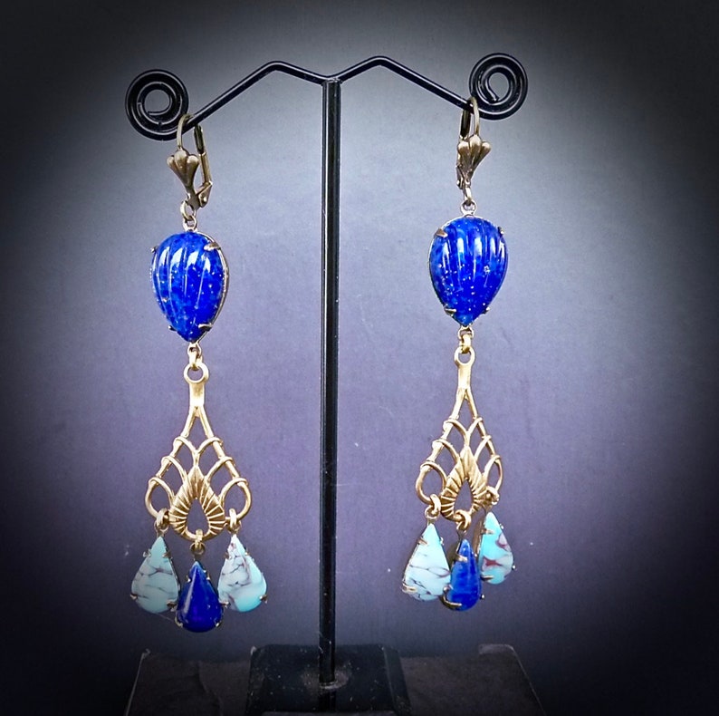 appr\u00eats bronze Cristaux Boh\u00e8me Lapis-Lazuli et Turquoise marbr\u00e9e Mood Indigo Boucles d/'oreilles Art-D\u00e9co