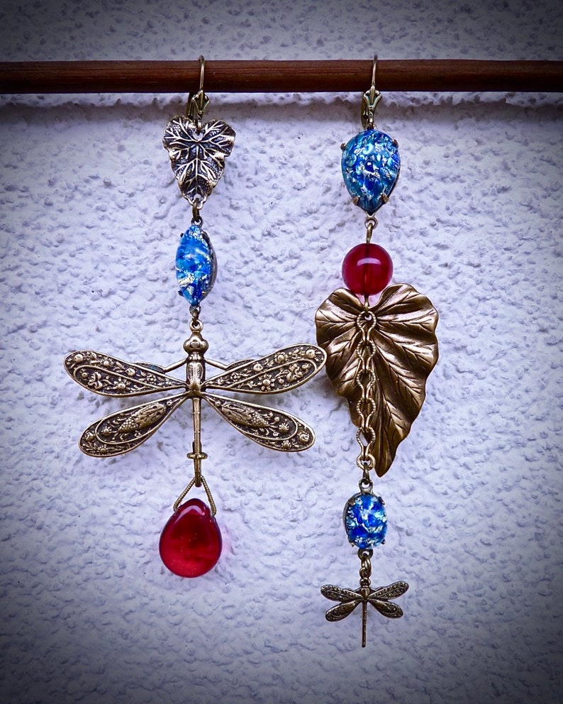 blue Opal red Czech glass beads Long earrings asymmetric Boho Art Nouveau Dragonflies and leaves