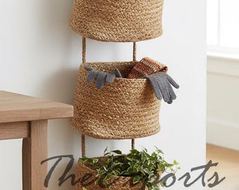 Handmade 3-Tier Hemp Hanging Jute Braided Basket, Boho Kitchen Home Living Room Decor Storage