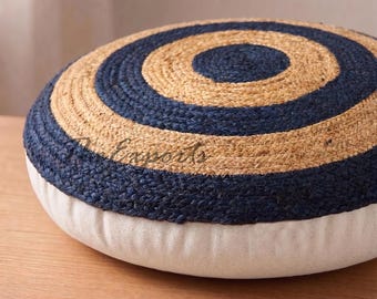 Handwoven Braided Jute Ottoman Pouf Cover, Floor Pillow, Round Meditation Cushion, Living Room Decor