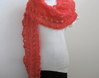 Handmade Crochet Scarf in Lobster-colored Wool Blend, One-of-a