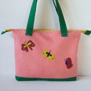Handcrafted pink and green felt bag with embroidered butterflies, one-of-a-kind winter accessory for her, perfect for dreamy women.