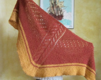 Two-tone brick and mustard knitted openwork shawl in alpaca, triangular women's shawl, brown shoulder cover, women's accessory, knitted