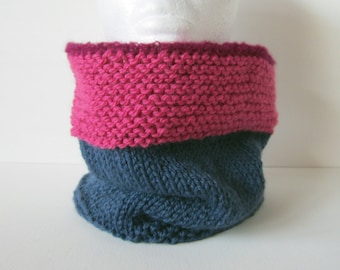 Blue and cherry neck warmer in knitted wool and alpaca, coral and raspberry tube neck warmer, winter collar, winter accessory, for her