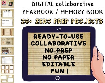 Pode incluir: Um tablet digital com fundo marrom e branco mostrando o texto "READY-TO-USE COLLABORATIVE NO PREP NO PAPER EDITABLE FUN!" O tablet está em uma superfície branca e uma mão está segurando o tablet.