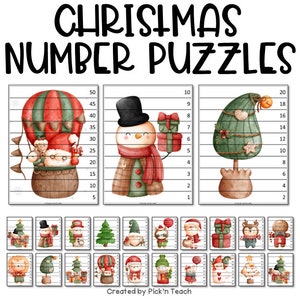Può includere: Un set di 18 puzzle di numeri a tema natalizio con una mongolfiera, un pupazzo di neve e un albero di Natale. Ogni puzzle ha una griglia numerata e un'immagine corrispondente da abbinare.
