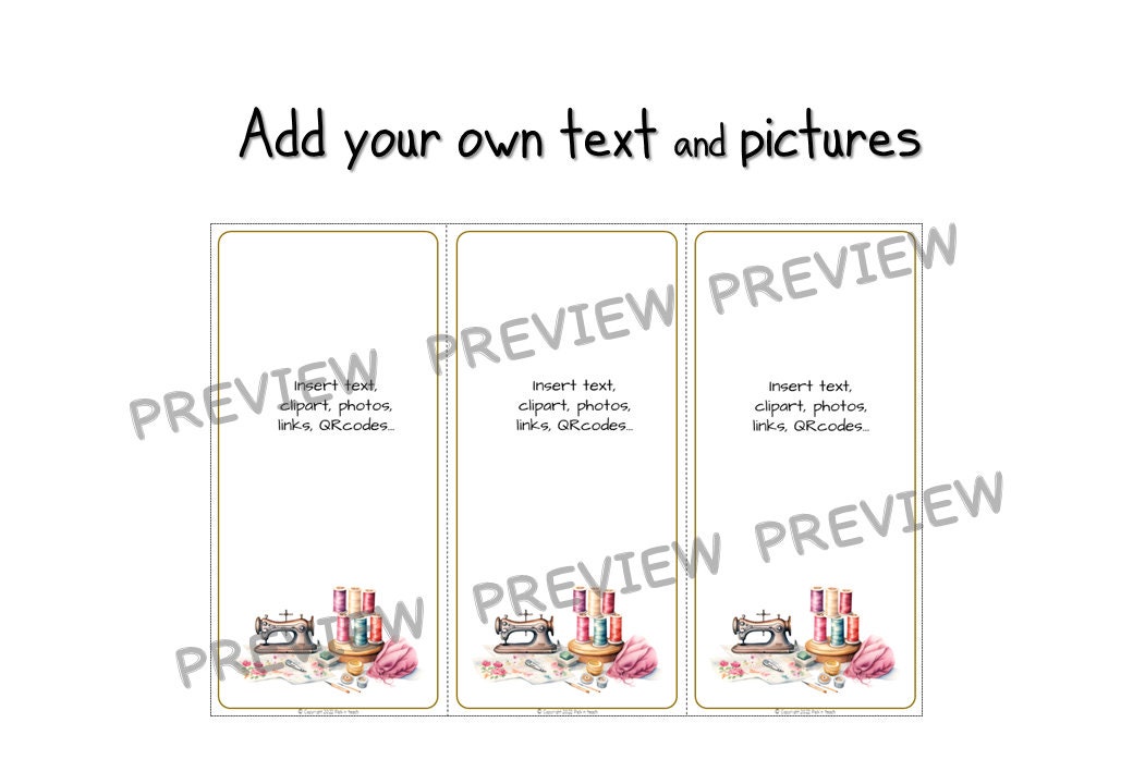 27 Editable BOOKMARK Templates "sewing" - Add Your Own Text and Images ...