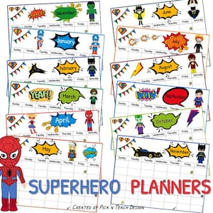 Monthly PLANNERS printable calendar Sunday to Saturday for SUPERHEROES in pdf