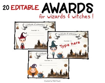 20 EDITABLE digital award certificates for wizards and witches for birthdays, games, parties, school in Google Slides and Powerpoint