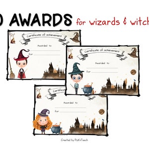 May include: Twenty printable award certificates for wizards and witches. Each certificate features a cartoon illustration of a wizard or witch with a Hogwarts-style castle in the background. The text "Certificate of Achievement" is at the top of each certificate.