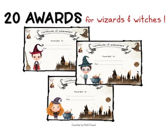 20 printable AWARD certificates for wizards and witches for birthday, school project, game, party, templates - printable PDF format