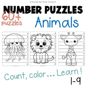 60+ Animals NUMBER PUZZLES - 1 to 9 - Different levels to learn numbers for kindergarten and preschool