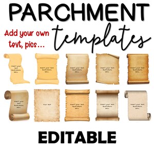 Peut inclure: Dix modèles de parchemins enroulés modifiables avec un fond brun. Le texte "Insérer votre texte, illustrations ici..." est sur chaque parchemin. Le texte "PARCHEMINS MODÈLES" est en haut de l'image. Le texte "MODIFIABLE" est en bas de l'image.