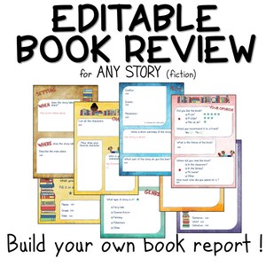 Op de afbeelding: Bewerkbare boekrecensie sjabloon voor fictie verhalen. De sjabloon bevat secties voor setting, personages, plot, genre en uw mening. De sjabloon is ontworpen om studenten te helpen hun eigen boekverslagen te maken.