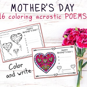 Poemas acrósticos del Día de la Madre para escribir y colorear para niños + 10 plantillas de marcadores adicionales para cortar, escribir, colorear y ofrecer a mamá