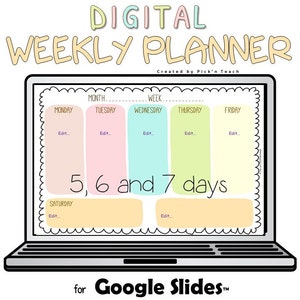 May include: A digital weekly planner template for Google Slides. The planner is displayed on a laptop screen and includes sections for each day of the week, from Monday to Sunday. The planner is designed with a colorful and playful aesthetic, featuring pastel colors and a wavy border.