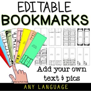 May include: Editable bookmarks with a colourful design featuring a stack of books. The bookmarks are black and white line drawings with space to add your own text and pictures. The text "Add your own text & pics" and "ANY LANGUAGE" is included in the image.