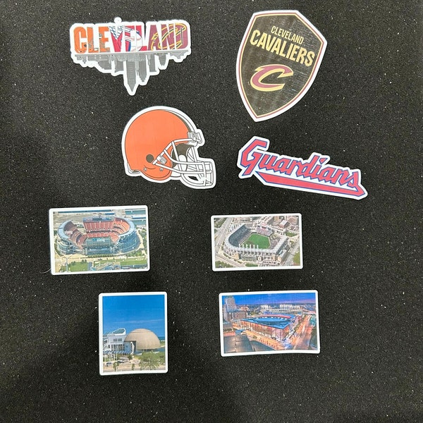 handmade stickers, small business support, Cleveland skyline with all Cleveland teams