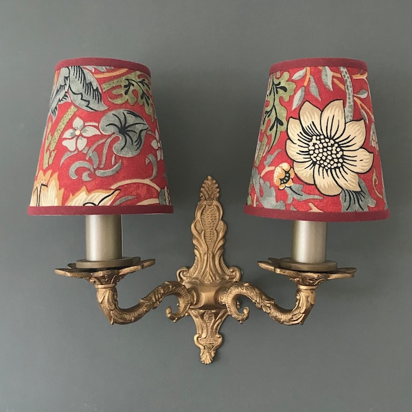 William Morris Strawberry Thief Crimson - Handmade Candle Clip Lampshade for Wall Lights/Chandeliers