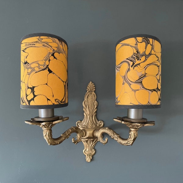 Hand Marbled Mustard & Charcoal Grey - Handmade, Candle Clip Half Shield Lampshade for Wall Lights