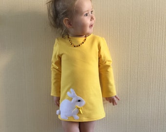 Easter dress Yellow dress Bunny dress toddler Comfy outfit for babygirl Rabbit dress Dress with bunny Bunny applique