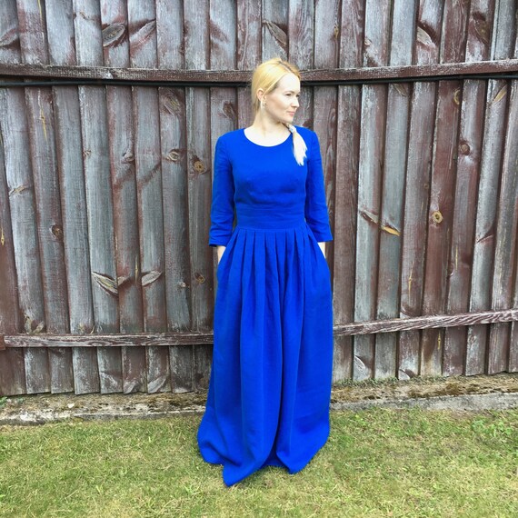 blue and white linen dress